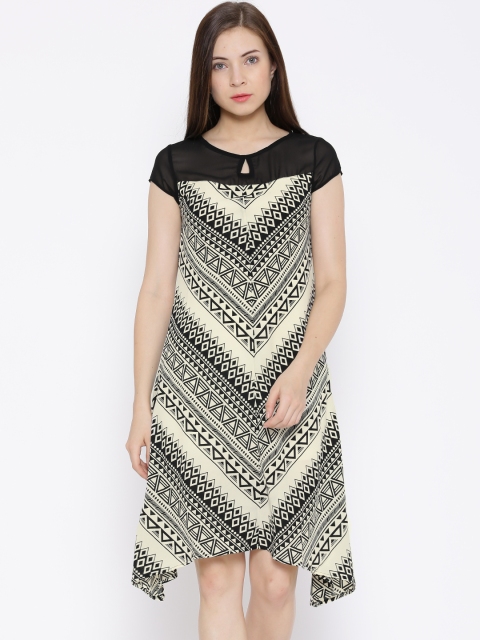 

109F Cream-Coloured & Black Polyester Printed A-Line Dress