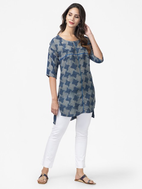 

Fabindia Women Navy Blue & Grey Dabu Print High-Low Tunic