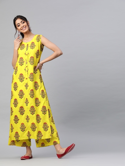 

mokshi Women Lime Green & Brown Printed Kurta with Palazzos