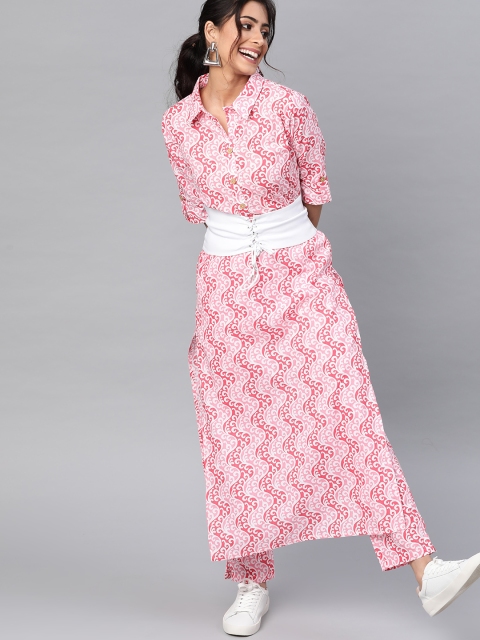 

mokshi Women Pink & White Pure Cotton Printed Kurta with Trousers