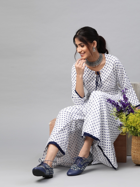 

mokshi Women White & Navy Printed Kurta with Palazzos