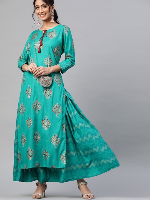 

mokshi Women Green & Golden Printed Kurta with Skirt