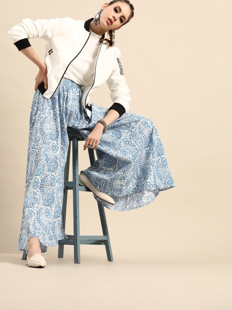 

RANGMAYEE Women White & Blue Ethnic Print Flared Palazzos