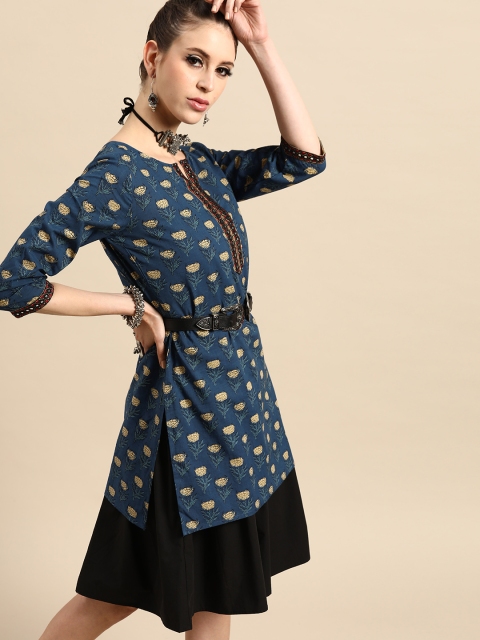 

RANGMAYEE Women's Navy Blue & Beige Pure Cotton Ethnic Motif Printed Tunic