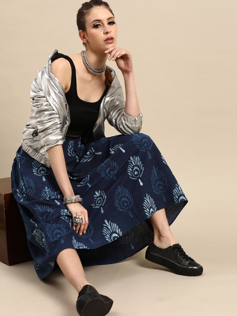 

Rangmayee Women Blue & White Ethnic Print Pure Cotton Pleated A-Line Skirt, Navy blue