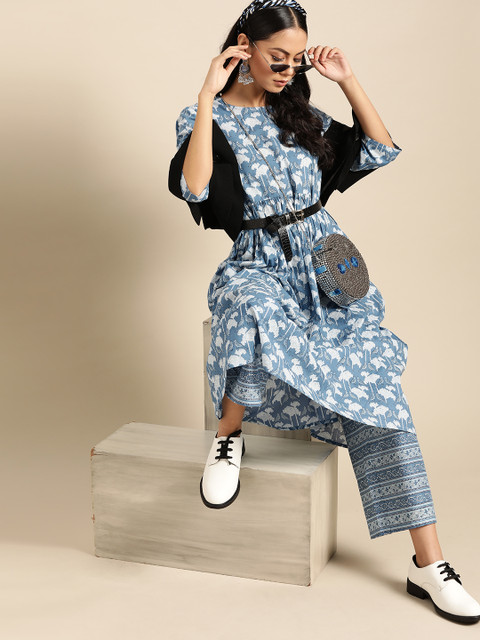 

Nayo Women Blue & White Pure Cotton Ethnic Motif Print Kurta with Palazzos