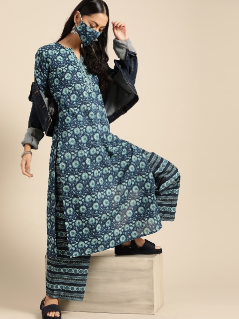 

Nayo Women Blue Pure Cotton Ethnic Motif Kurta with Palazzos