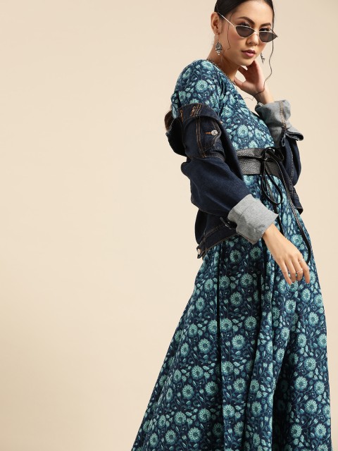 

Nayo Women Blue Ethnic Motifs Printed Pure Cotton Maxi Dress
