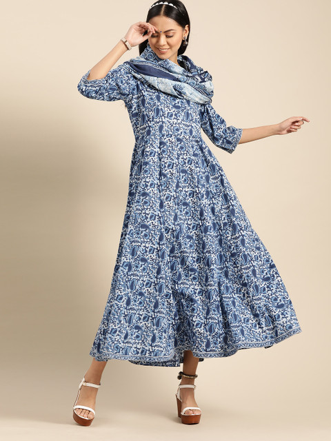

Nayo Women Blue & White Ethnic Motifs Printed Pure Cotton A-Line Dress With Dupatta