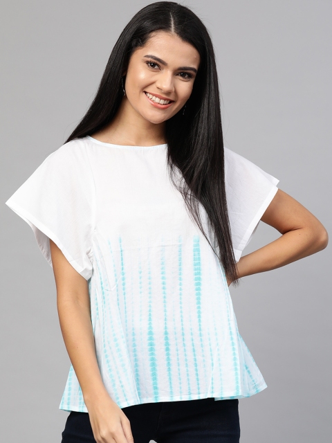 

Fabindia White & Turquoise Blue Tie And Dye Flared Sleeves Pure Cotton A-line Top