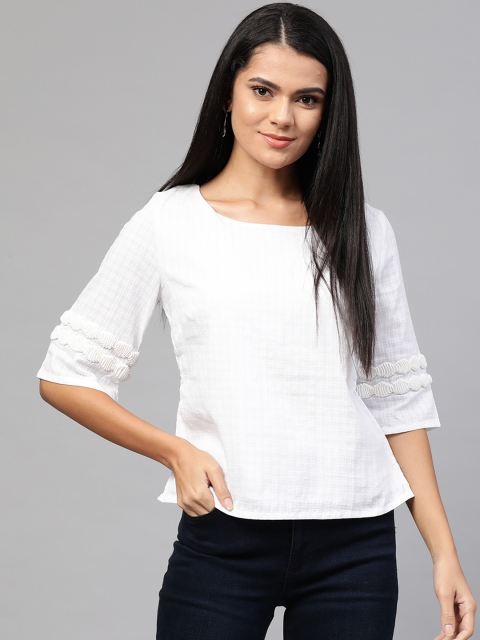 

Fabindia White Self Checked Pure Cotton Regular Top with Lace Inserts