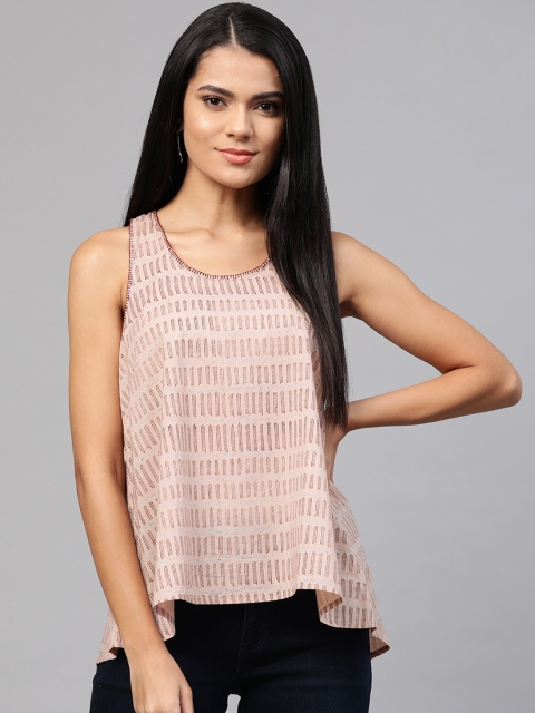 

Fabindia Dusty Pink & Maroon Striped Pure Cotton Dobby Weave A-line Tank Top