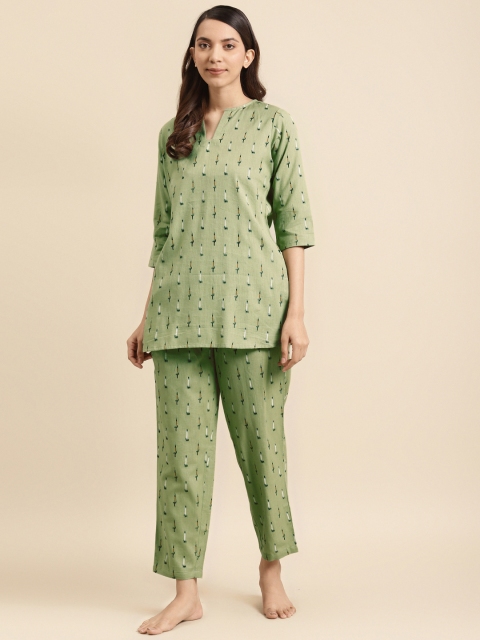 

Nayo Women Green & Black Ikat Print Night suit