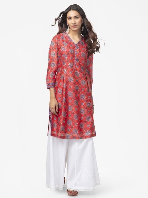 

Fabindia Women Coral & Blue Ethnic Motifs Printed Block Print Anarkali Kurta