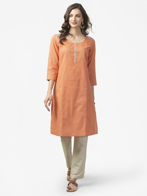 

Fabindia Women Peach-Coloured Dobby Weave Pure Cotton Checked Straight Kurta