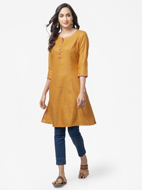 

Fabindia Women Mustard Yellow Matka Silk Solid A-Line Kurta