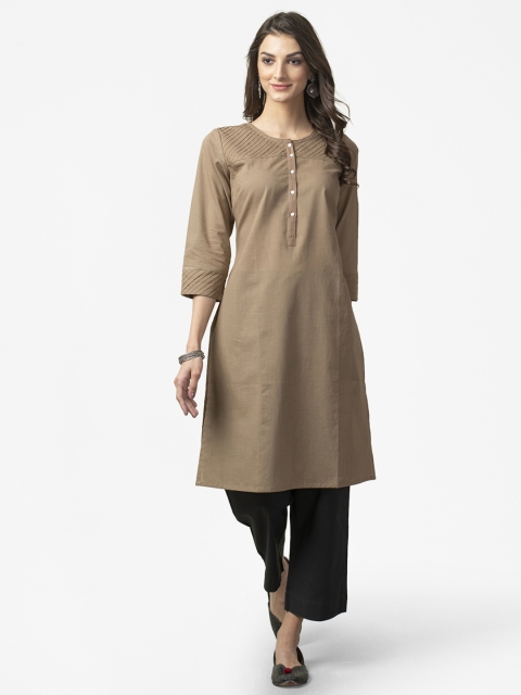 

Fabindia Women Taupe Slim Fit Pleated Detail Pure Cotton Straight Kurta