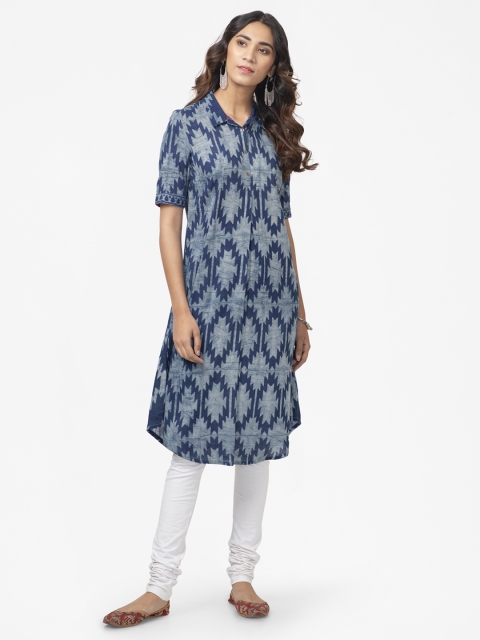 

Fabindia Women Blue Hand Block Geometric Print Indigo Dyed A-line Kurta