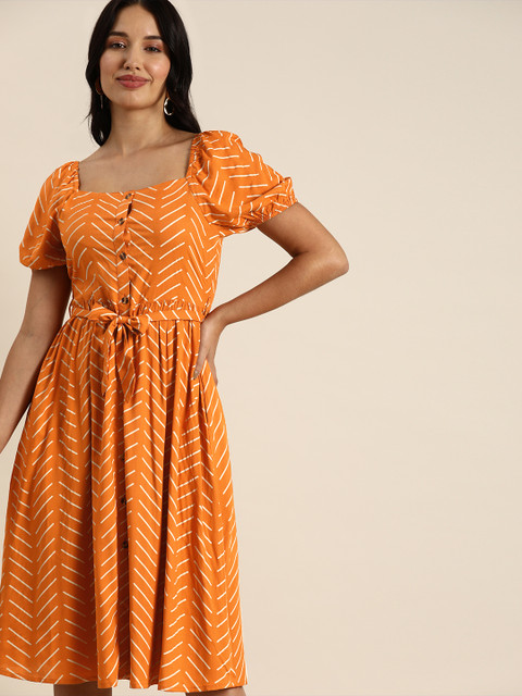

all about you Mustard Yellow & Cream-Coloured Printed Fit and Flared Puff Sleeves Dress