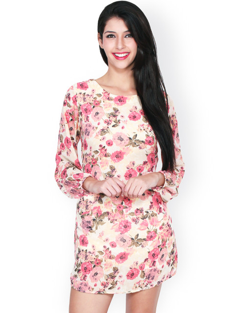 

SASSAFRAS Off-White & Pink Floral Print Sheath Dress