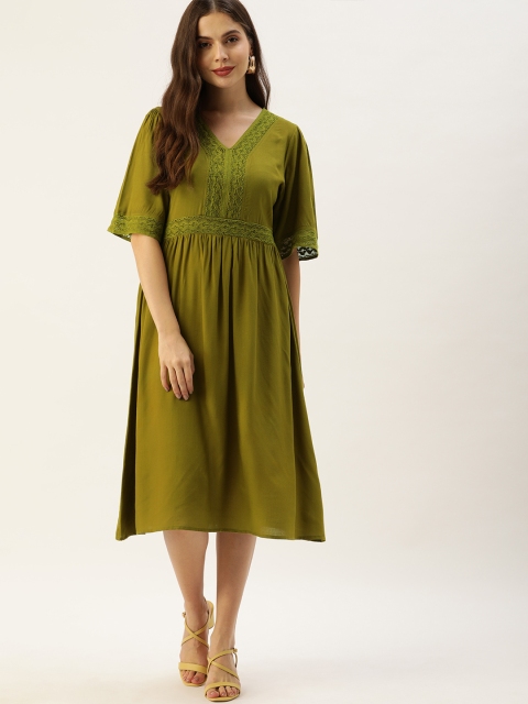 

all about you Olive Green Lace Detailed A-Line Midi Dress