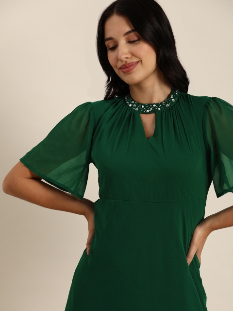 

all about you Green Keyhole Neck A-Line Flared Sleeves Midi Dress