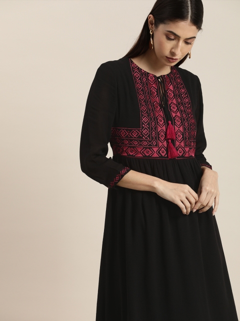 

all about you Black & Pink Embroidered Tie-Up Neck Fit & Flare Dress Midi Dress