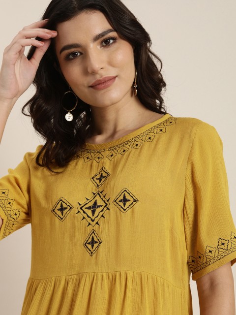 

all about you Mustard Yellow & Navy Blue Embroidered Peplum Top