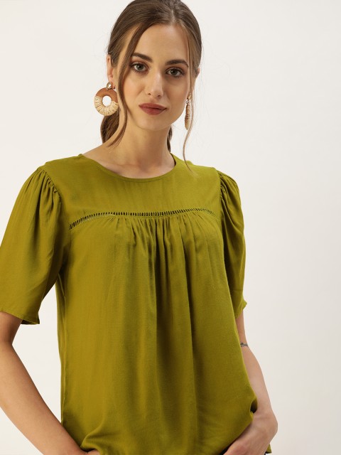 

all about you Olive Green Pleated Regular Top