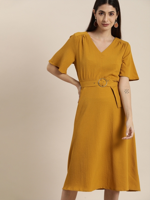 

all about you Mustard Yellow Belted A-Line Dress