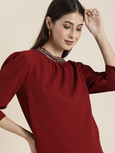 

all about you Maroon Jewel Neck Studded Regular Top