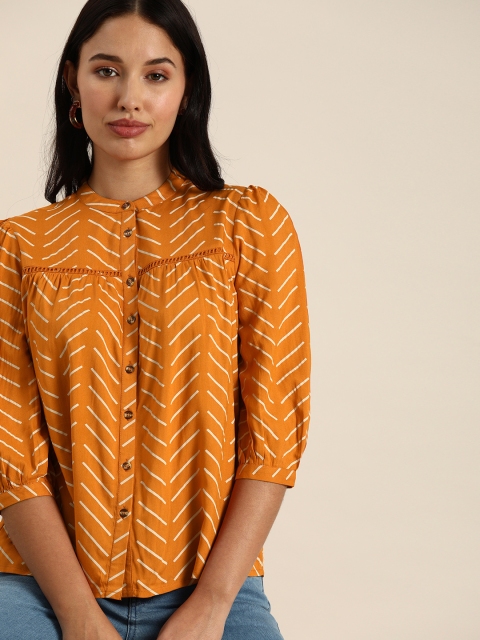 

all about you Mustard Yellow & White Geometric Mandarin Collar Cuffed Sleeve Regular Top
