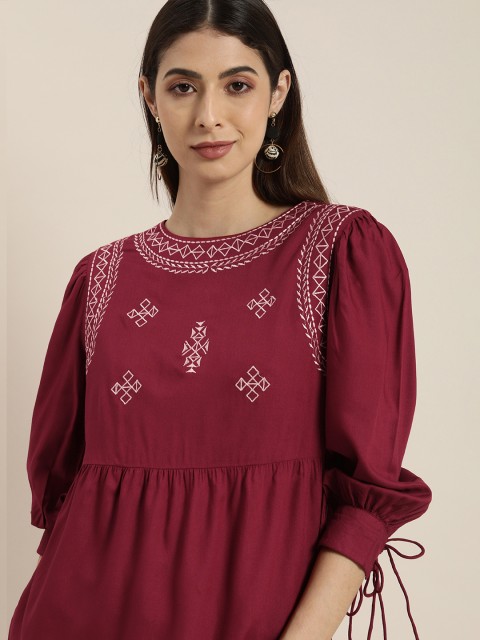 

all about you Women Maroon & White Embroidered Cinched Waist Top