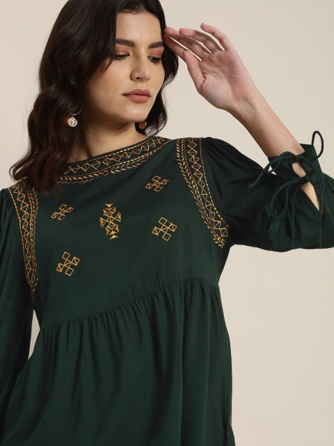 

all about you Women Green & Yellow Embroidered Cinched Waist Top