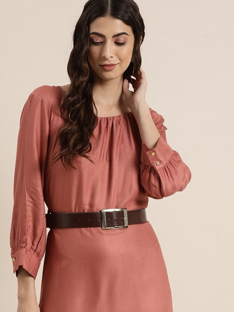 

all about you Dusty Pink A-Line Midi Dress with Belt, Rust