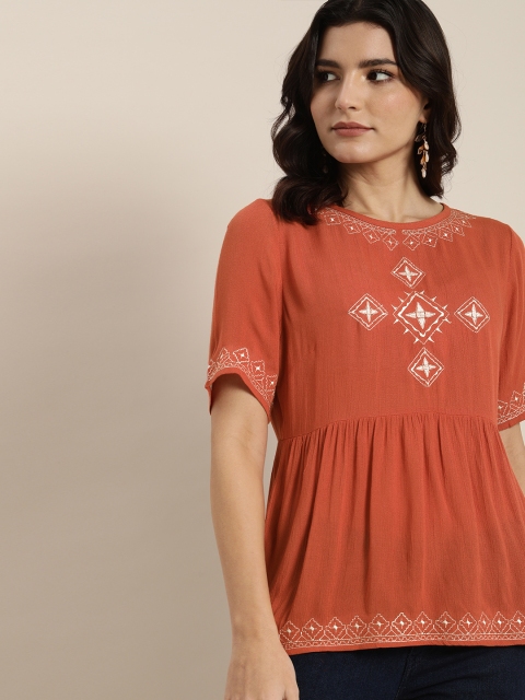 

all about you Women Orange & Brown Embroidered Cinched Waist Top