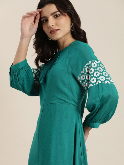 

all about you Women Teal Green & White Tie-Up Neck A-Line Midi Dress