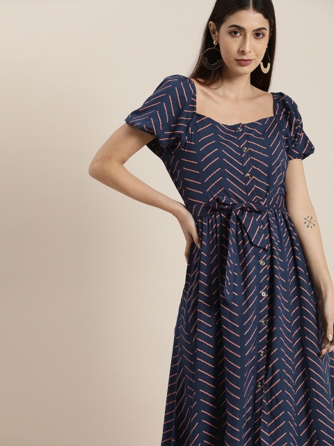 

all about you Women Blue Printed Fit & Flare Dress