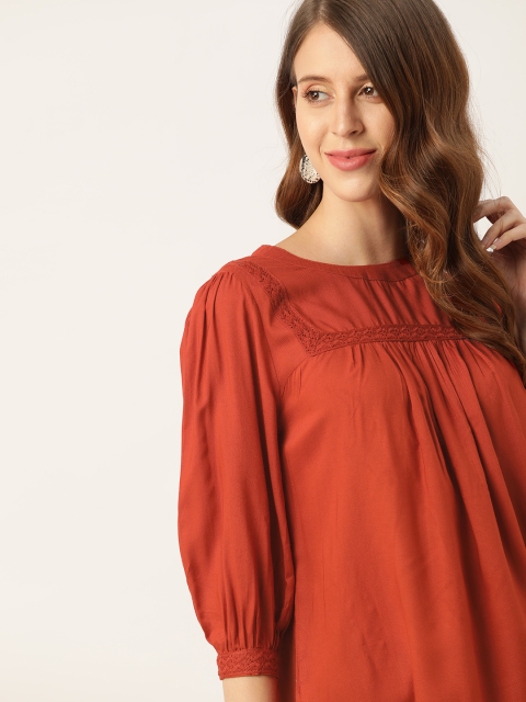 

all about you Women Rust Red Puff Sleeve Regular Top