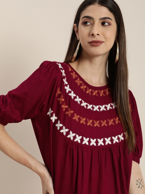 

all about you Women Maroon & White Embroidered Regular Top