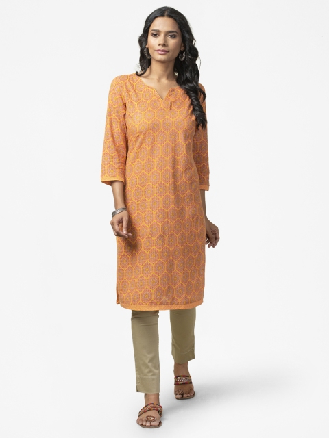 

Fabindia Women Yellow & Pink Ethnic Motifs Print Pure Cotton Straight Kurta