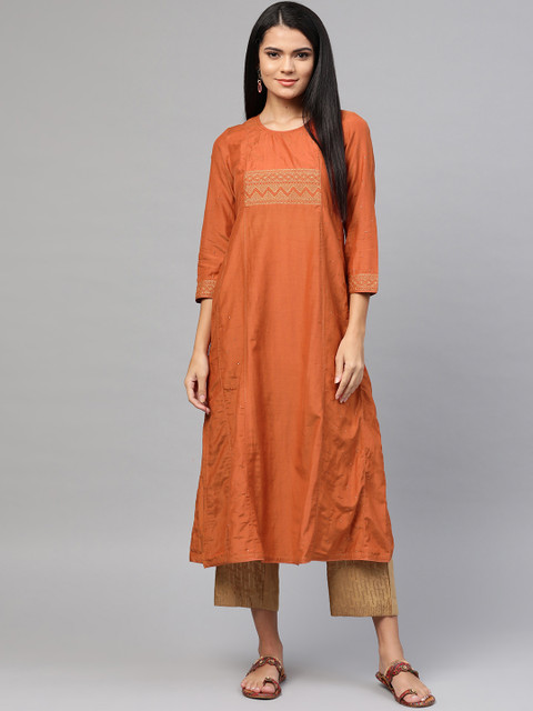 

Fabindia Women Rust & Golden Mukaish Work Yoke Design A-Line Kurta
