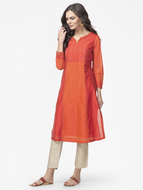 

Fabindia Women Red & Orange Colourblocked Thread Work & Sequinned A-Line Kurta