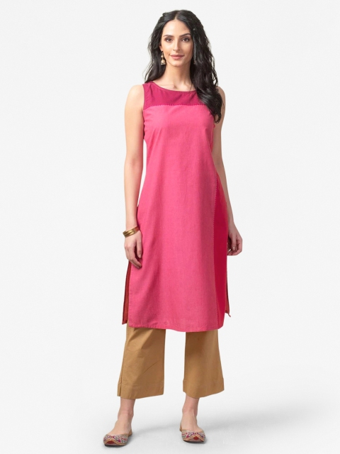 

Fabindia Women Pink Pinstriped Slim Fit Hand Embroidered Pure Cotton Straight Kurta