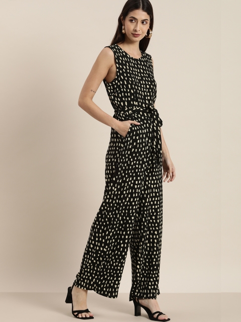 

all about you Black & Off White Printed Basic Jumpsuit with Waist Tie-Up Belt