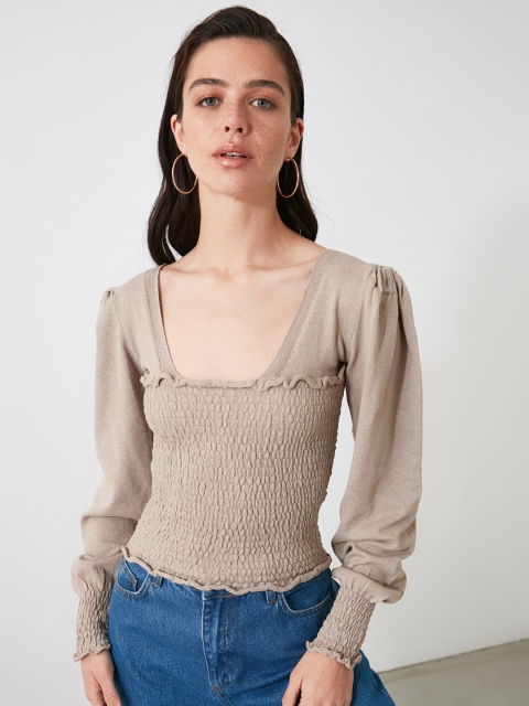

TRENDYOL COLLECTION Women Beige Smocked Solid Pullover, Grey