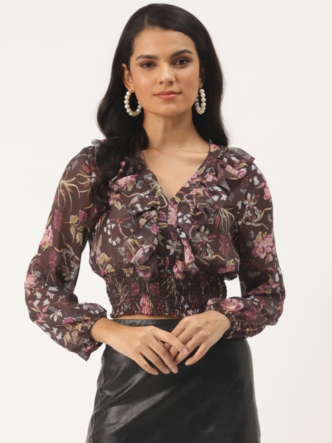 

Trendyol Brown Pink Floral Print Puff Sleeves V-Neck Smocked Crop Top