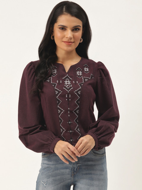 

Trendyol Women Aubergine White Embroidered Puff Sleeves Top, Purple