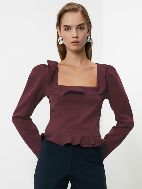 

Trendyol Women Aubergine Solid Square Neck Top, Purple