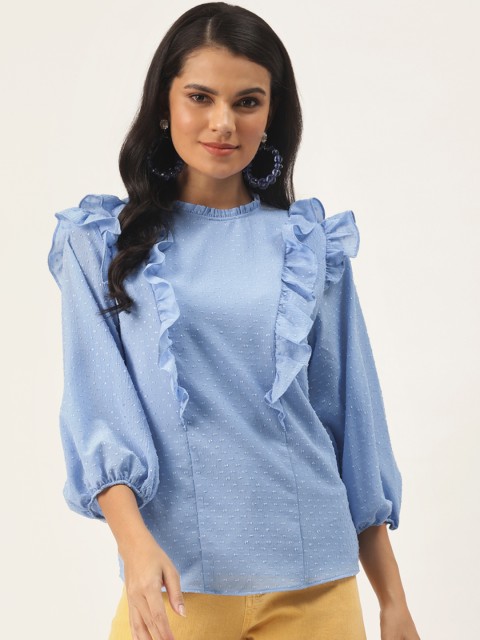 

Trendyol Women Blue Dobby Weave Puff Sleeves Ruffled Top